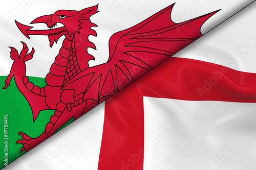 Obraz na płótnie Flags of Wales and England Divided Diagonally - 3D Render of the