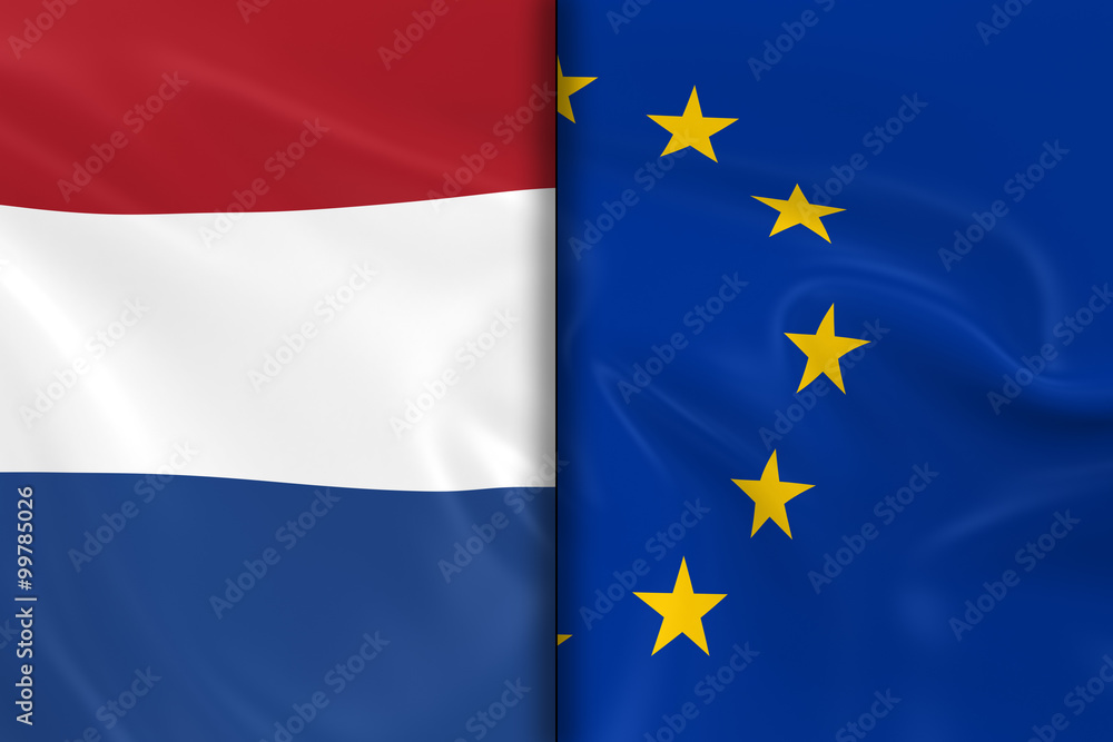 Flags of the Netherlands and the European Union Split Down the Middle - 3D Render of the Dutch Flag and EU Flag with Silky Texture Flags of the Netherlands and the European Union Split Down the Middle - 3D Render of the Dutch Flag and EU Flag with Silky Texture