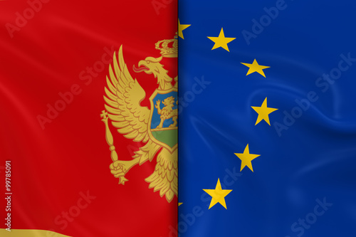Flags of Montenegro and the European Union Split Down the Middle - 3D Render of the Montenegrin Flag and EU Flag with Silky Texture