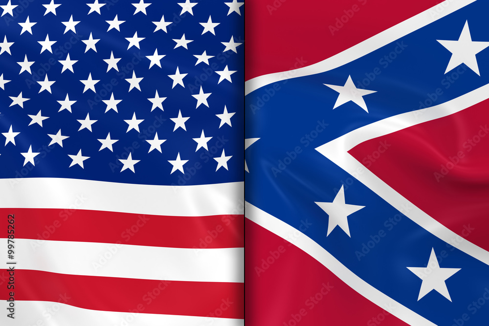 Flags of the USA and the Confederacy Split Down the Middle - 3D Flags of the USA and the Confederacy Split Down the Middle - 3D