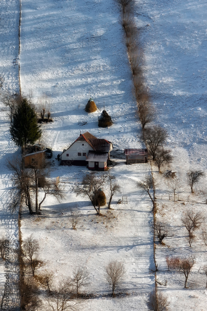 Sunny day of a winter, on wild transylvania hills with Bucegi mountains in background.. 09.01.2016. Sirnea. Romania. Low key, dark background, spot lighting, and rich Old Masters Sunny day of a winter, on wild transylvania hills with Bucegi mountains in background.. 09.01.2016. Sirnea. Romania. Low key, dark background, spot lighting, and rich Old Masters