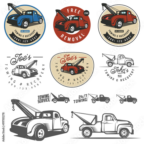 Vintage car tow truck emblems, labels and design elements