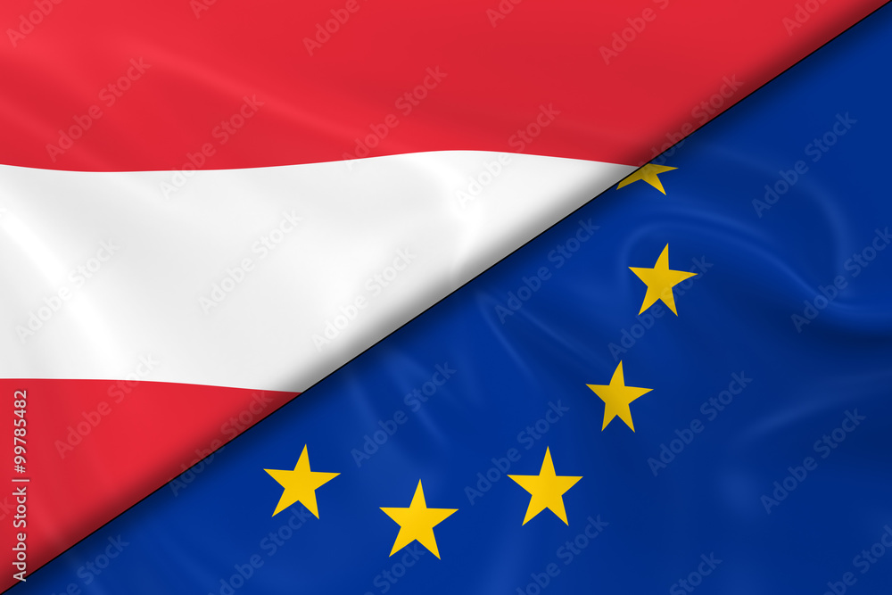Flags of Austria and the European Union Divided Diagonally - 3D Render of the Austrian Flag and EU Flag with Silky Texture Flags of Austria and the European Union Divided Diagonally - 3D Render of the Austrian Flag and EU Flag with Silky Texture