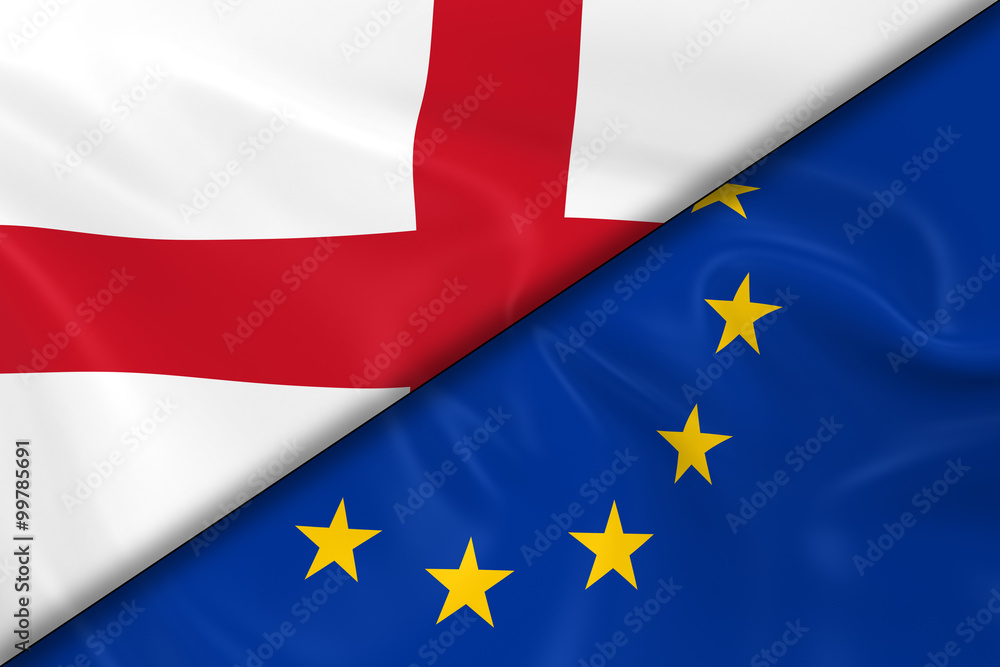 Flags of England and the European Union Divided Diagonally - 3D Render of the English Flag and EU Flag with Silky Texture Flags of England and the European Union Divided Diagonally - 3D Render of the English Flag and EU Flag with Silky Texture