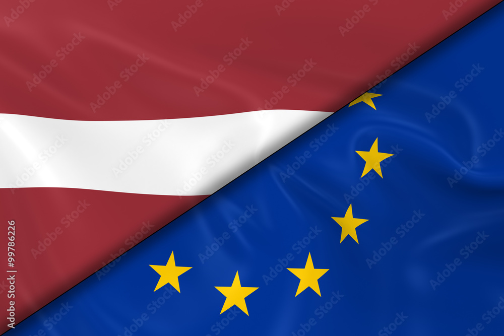 Obraz premium Flags of Latvia and the European Union Divided Diagonally - 3D Render of the Latvian Flag and EU Flag with Silky Texture
