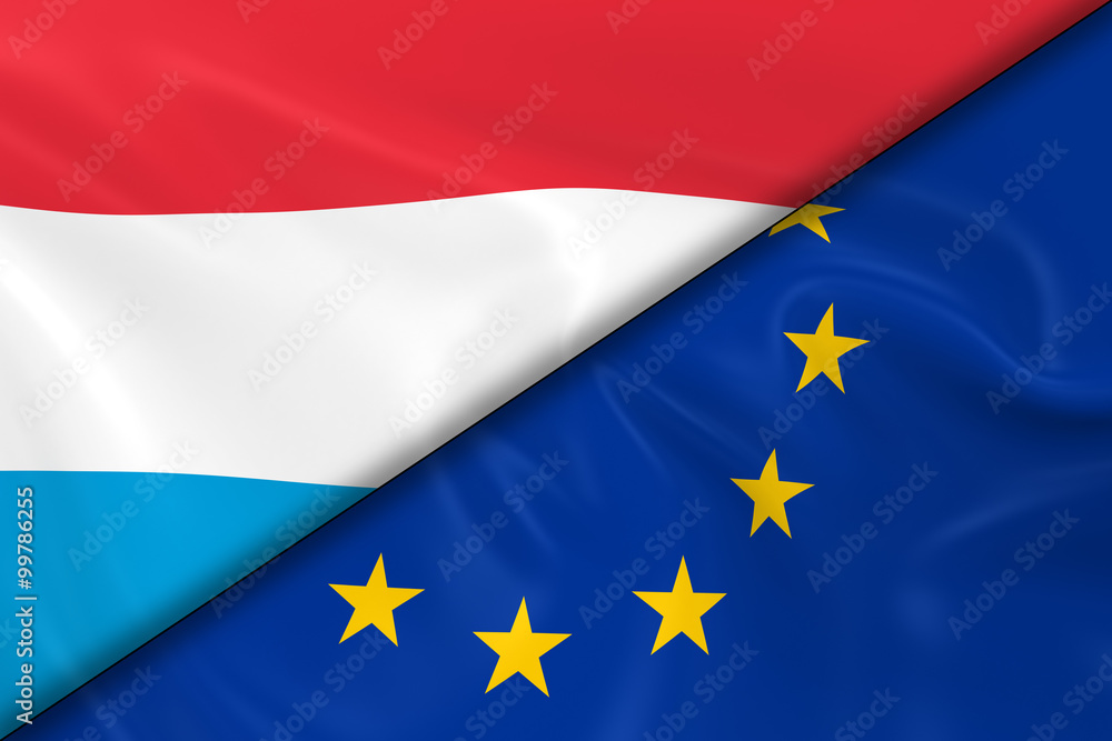 Flags of Luxembourg and the European Union Divided Diagonally - 3D Render of the Luxembourgian Flag and EU Flag with Silky Texture Flags of Luxembourg and the European Union Divided Diagonally - 3D Render of the Luxembourgian Flag and EU Flag with Silky Texture