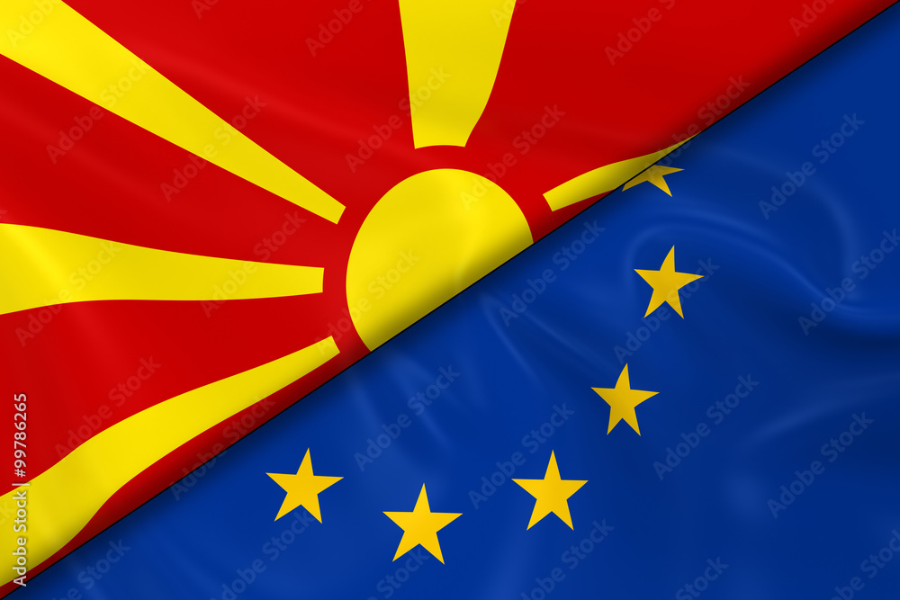 Flags of Macedonia and the European Union Divided Diagonally - 3D Render of the Macedonian Flag and EU Flag with Silky Texture