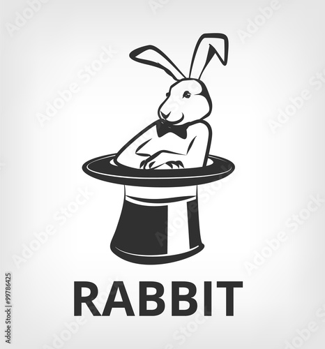 Rabbit in magic hat. Vector black icon logo flat illustration