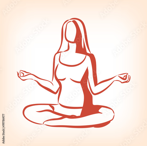Woman sitting in yoga lotus position. Vector icon illustration 