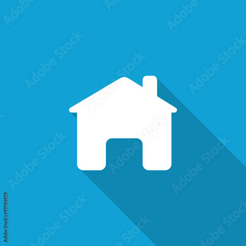 Flat Home icon with long shadow on blue backround