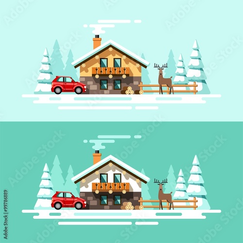 Country house. Nature. Winter. Flat design vector concept illustration.