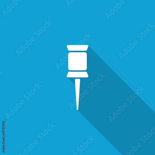 Flat Pushpin icon with long shadow on blue backround