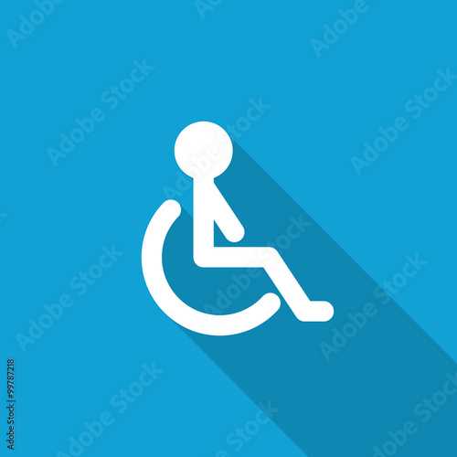 Flat Wheel Chair icon with long shadow on blue backround