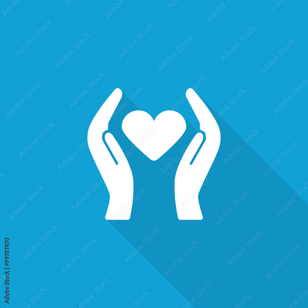 Flat Heart care icon with long shadow on blue backround Flat Heart care icon with long shadow on blue backround