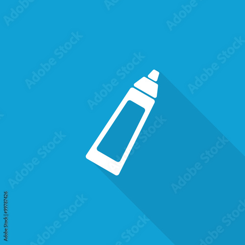 Flat Baby Bottle icon with long shadow on blue backround