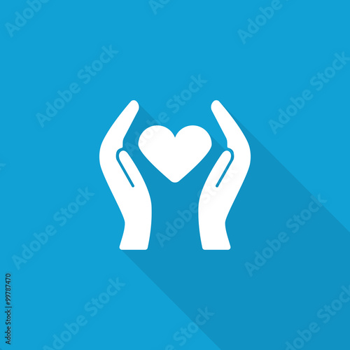 Flat Heart care icon with long shadow on blue backround