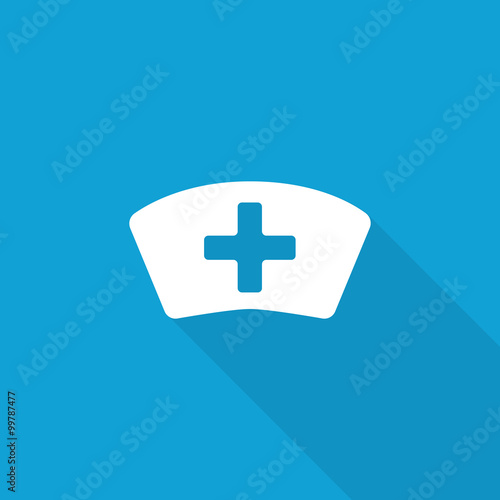 Flat Nurse icon with long shadow on blue backround