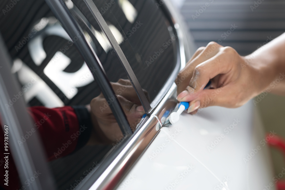 Obraz premium Car polishing series : Cleaning white car