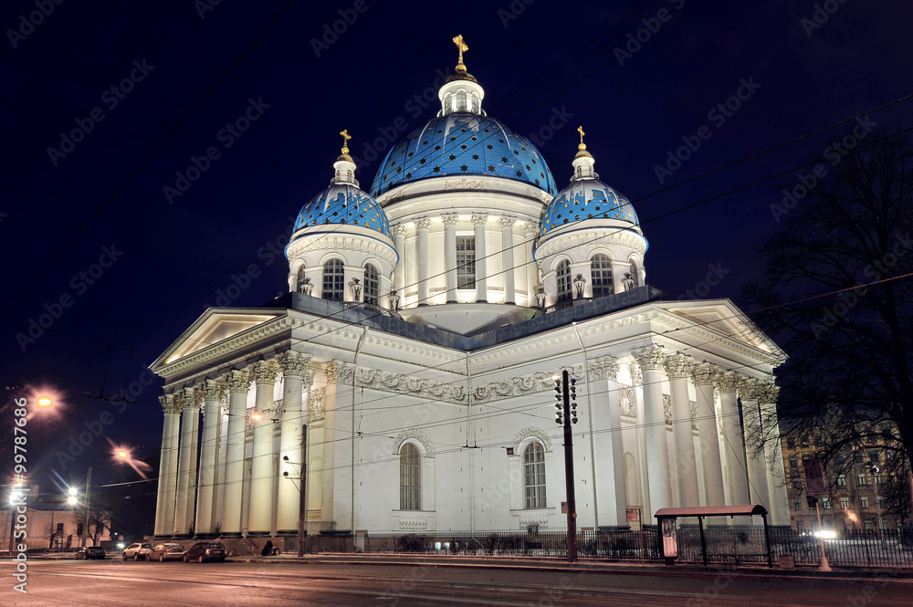 night view of the Troitsky Cathedral in St. Petersburg, Russia