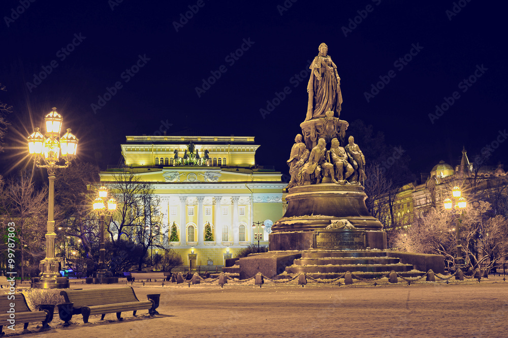 night view of the Alexandrinsky theater and the monument to Cath
