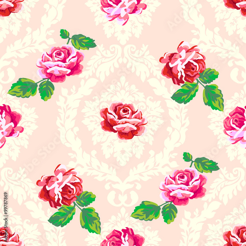 Vintage floral Grandmillenial damask pattern with pink and red roses on peach color background. Decorative cottage, shabby chic style design 