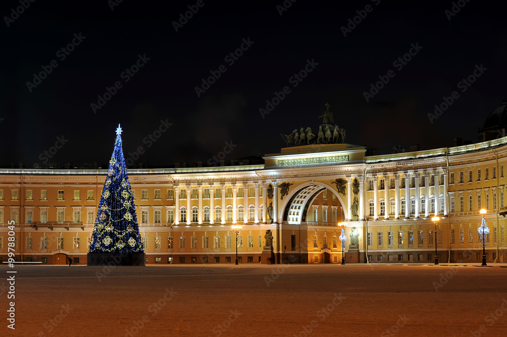 night view of Christmas tree on Palace square in St. Petersburg,