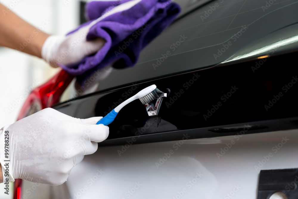 Fototapeta premium Car polishing series : Cleaning white car