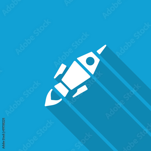 Flat Rocket Launch icon with long shadow on blue backround