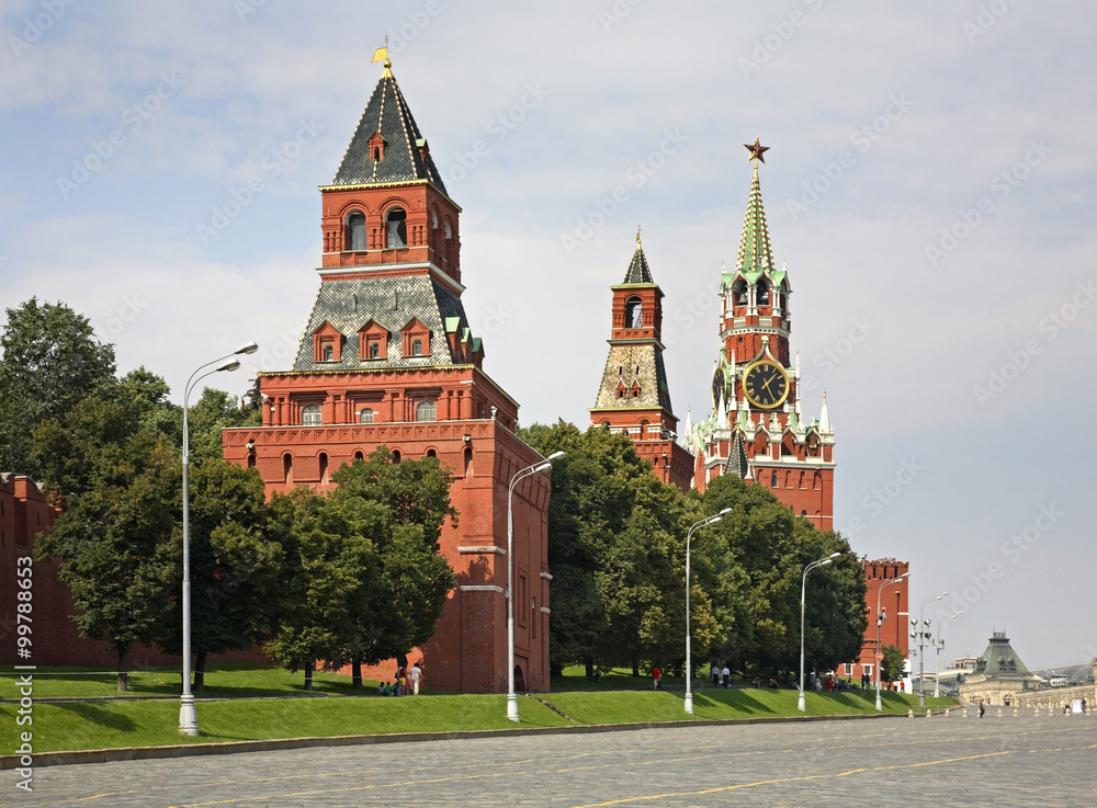 Konstantino-Eleninskaya, Nabatnaya, Spasskaya and Tsarskaya towers of Moscow Kremlin. Russia Konstantino-Eleninskaya, Nabatnaya, Spasskaya and Tsarskaya towers of Moscow Kremlin. Russia