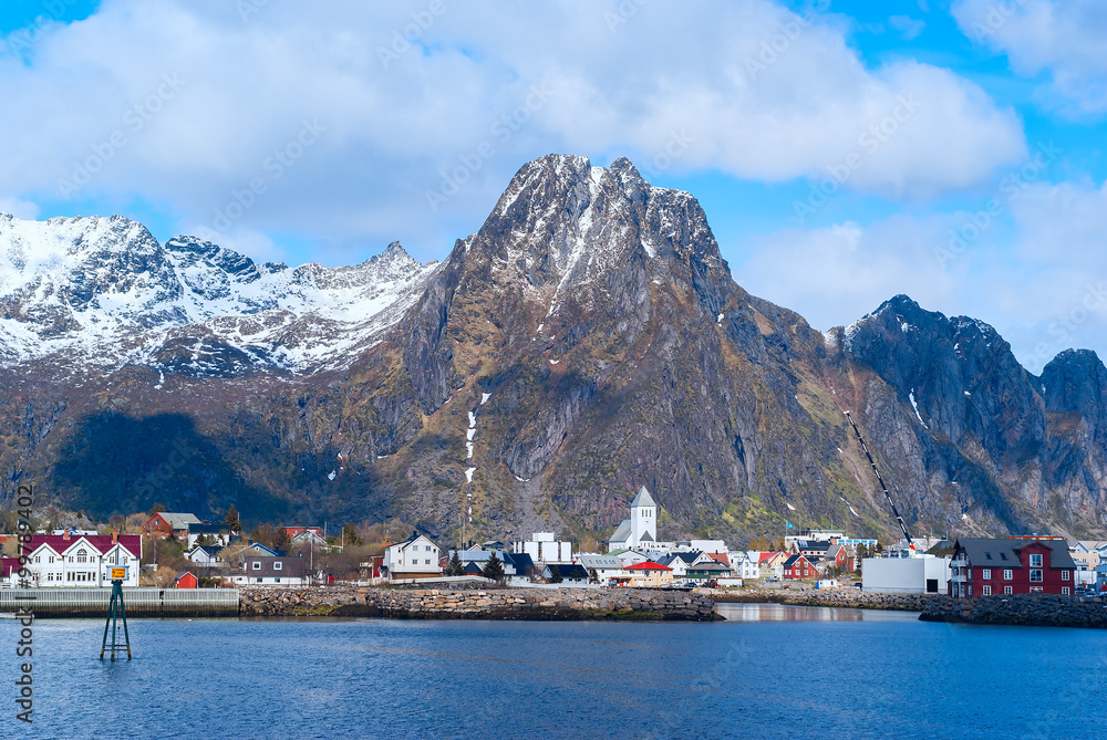 Norwegian town Svolvaer on Lofoten islands in sunny day