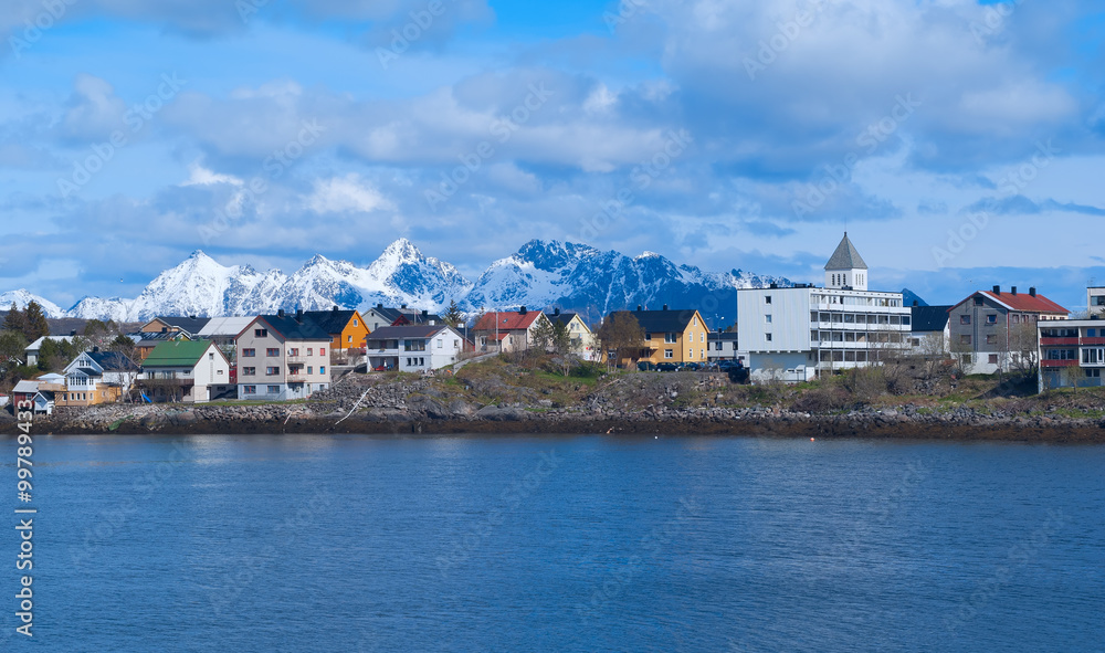 Town Svolvaer on Lofoten islands in sunny summer day