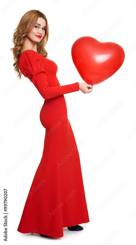 red dressed woman with heart shape balloon on white red dressed woman with heart shape balloon on white