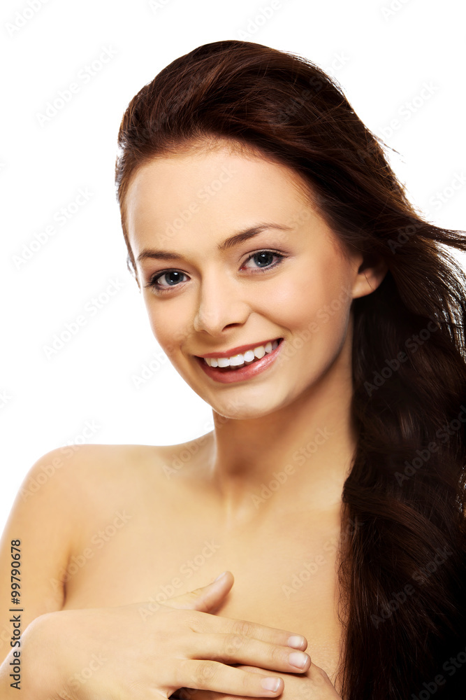 Attractive brunette topless woman with long hair Attractive brunette topless woman with long hair