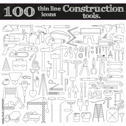 Construction icons - drill, perforator and other tools. Set of 100 objects.