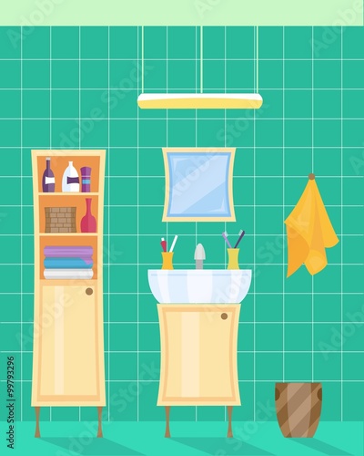 
Bathroom interior. Vector illustration of bathroom. Bathroom by flat style. Sink and mirror. Cabinet 

with pile of towels, bottles, shampoo and box. Tile wall