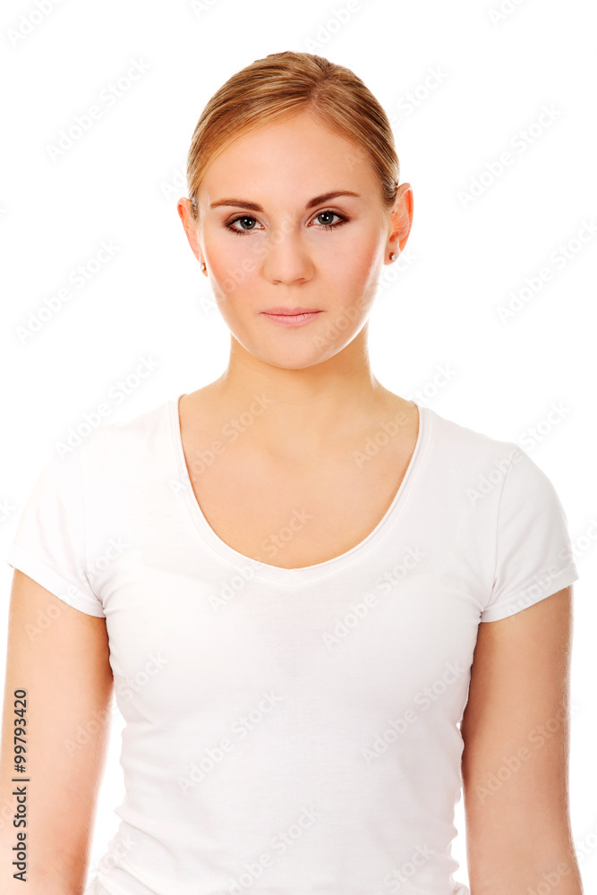 Young smiling blonde woman in white t-shirt Young smiling blonde woman in white t-shirt