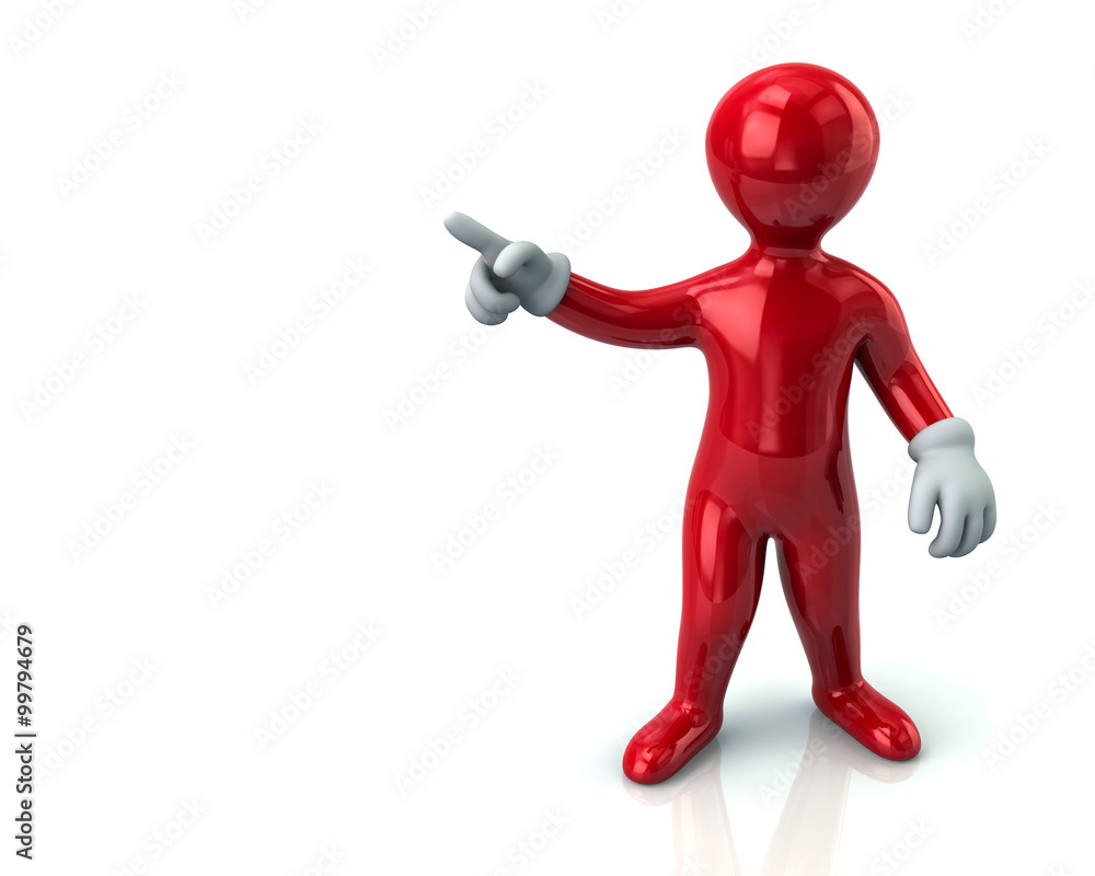 Red cartoon man pointing with his index finger Red cartoon man pointing with his index finger