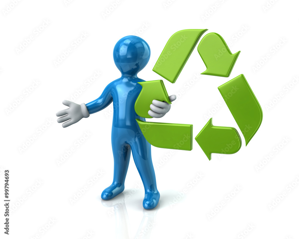 Blue man and green recycle arrows Blue man and green recycle arrows