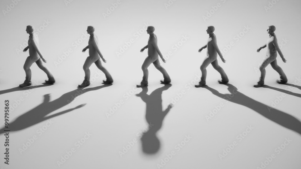 Looping line of people walking in place in an empty space. Looping line of people walking in place in an empty space.