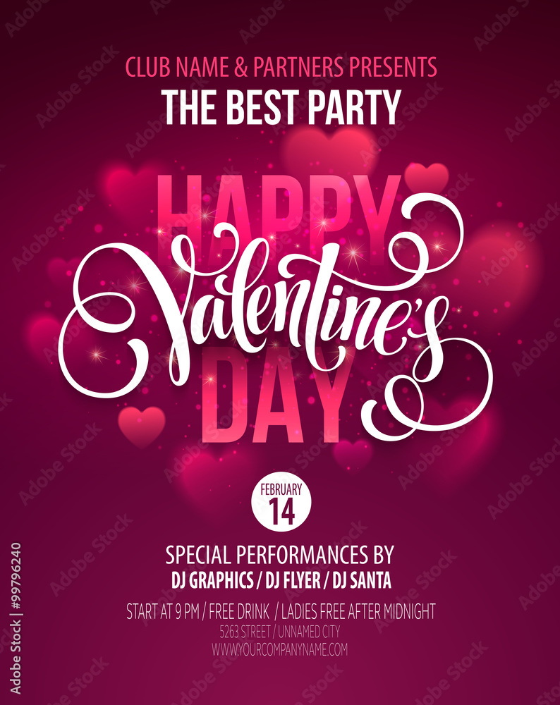 Valentines Day Party Poster Design. Template of invitation, flyer, poster or greeting card. Vector illustration - obrazy, fototapety, plakaty 
