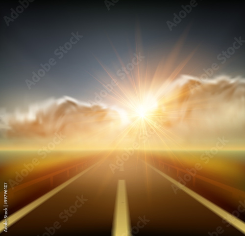 Blurred road and blue motion blurred sky with clouds. Vector illustration