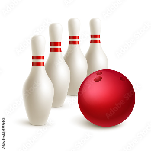 Scattered skittle and bowling ball. Vector illustration 