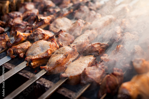 beef and pork steak bbq on the grill