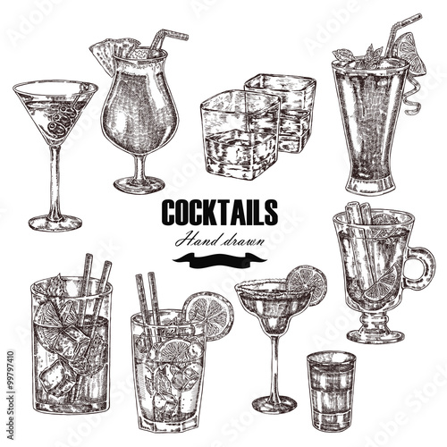 Set of alcoholic cocktails. Hand drawn drinks in sketch style. V