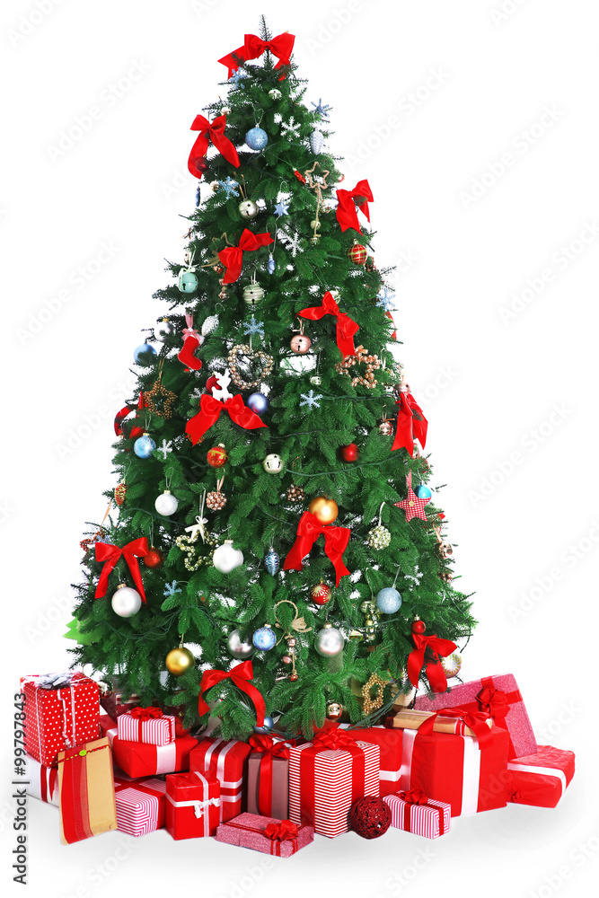 Christmas fir tree with gifts, isolated on white