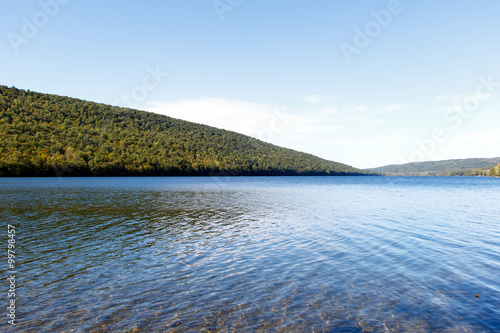 Color DSLR image of Canadice Lake, one of the New York Finger Lakes; horizontal with copy space for text