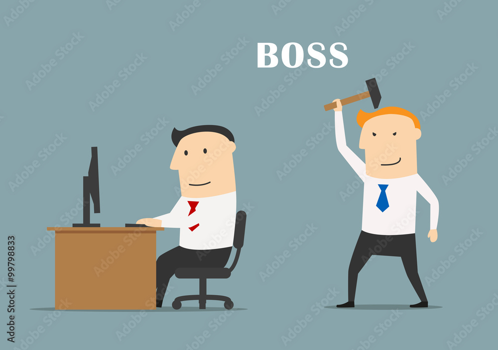 Executive boss with hummer ready to beat clerk Executive boss with hummer ready to beat clerk