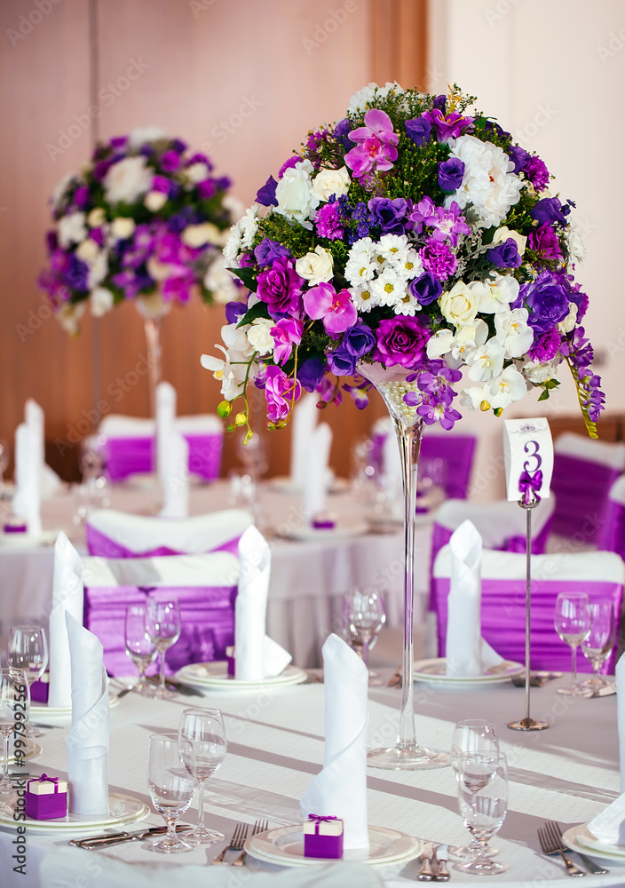 Table set for wedding or another catered event dinner. Table set for wedding or another catered event dinner.