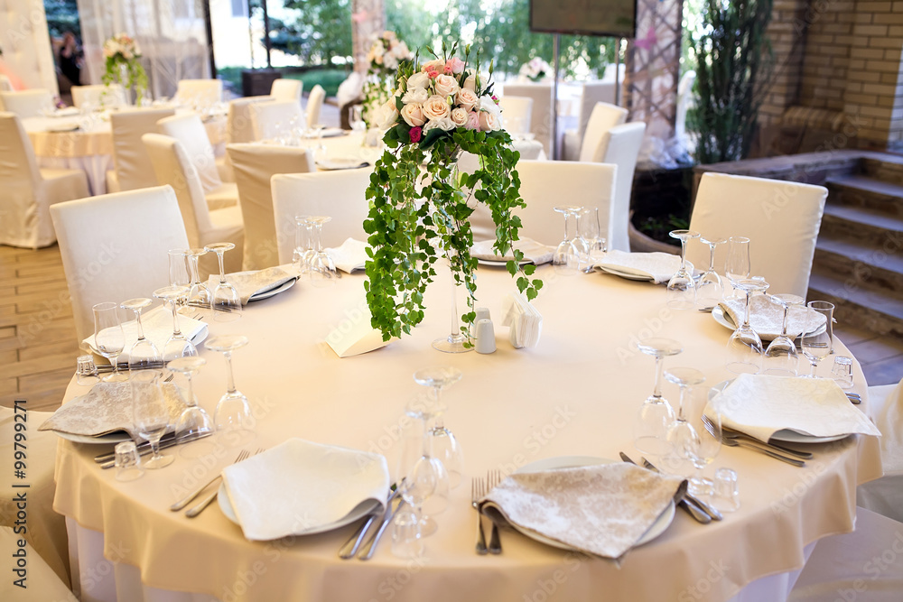 Table set for wedding or another catered event dinner.