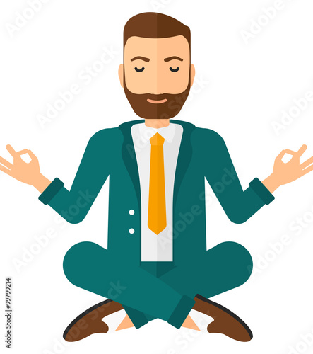 Businessman meditating in lotus pose.
